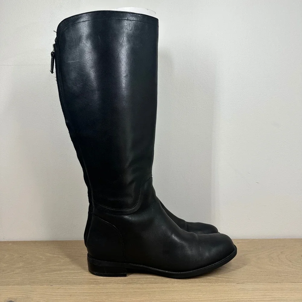 Nine West Boots Women 7.5 Black Leather Knee High Riding Classic Minimalist